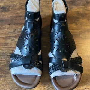 Earth Origins Black Laser-Cut Braided Leather Sandals with Ankle Strap